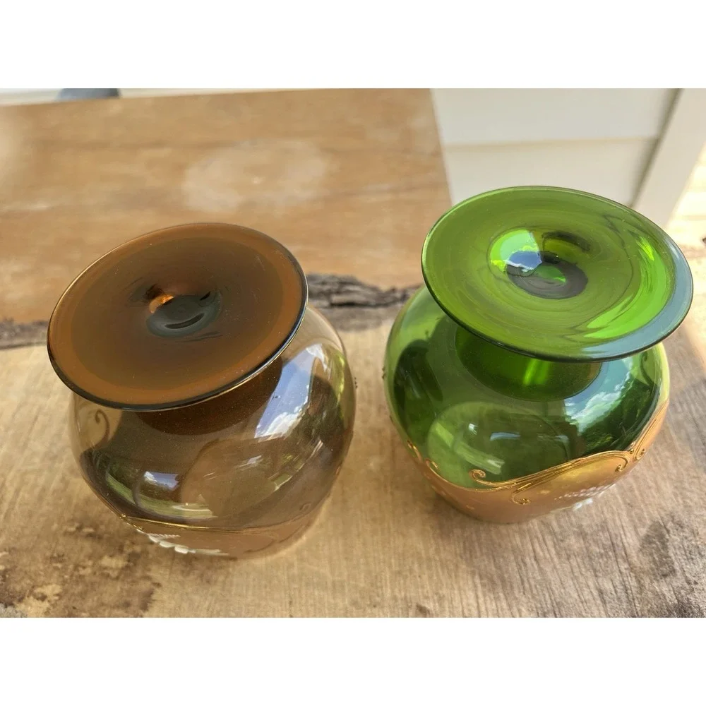Bohemian Glass Hand Painted Enameled Flowers Gilt Gold Brandy Snifter, Set of 2